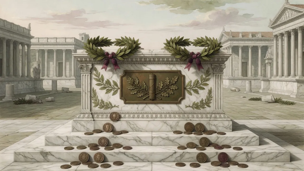 Marble rostrum with laurel and coins on the steps